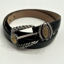 Brighton Museum Vintage Black Leather Belt Silvertone Trim Coin Medallions Sz M