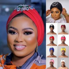 African Women's Hat Rhinestones Wrap Hair Cap Arab Elastic Pleat Turban Headwear