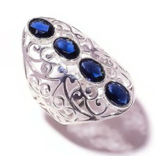 Blue Sapphire Oval Gemstone Silver Overlay Handmade Filigree Design Ring US-8.5