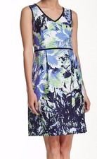 Nine West Iris Pistachio Denim Blooms Stretch Cotton V-Neck Dress w/Pockets  $89