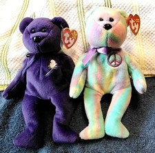 TY Beanies-1997 PRINCESS DIANA-Purple Bear-2nd Ed.  2010 Pastel Peace Bear-MWMT