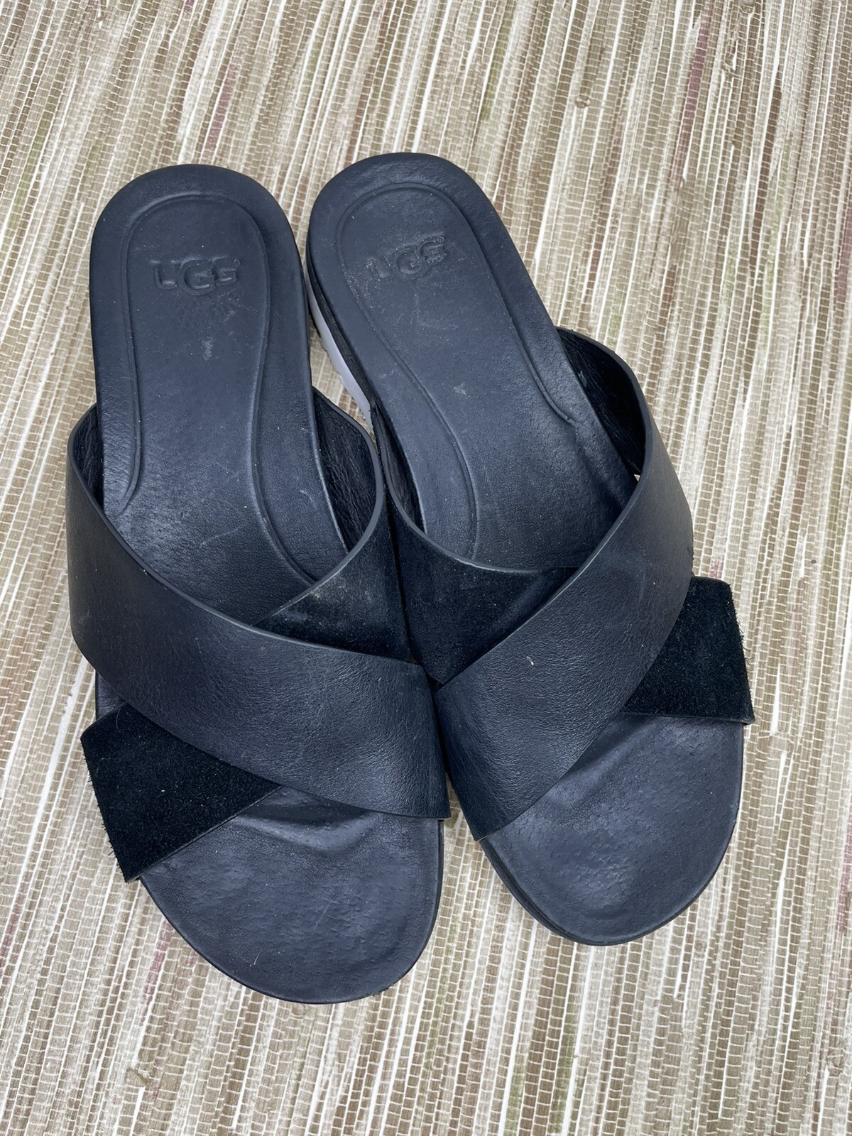 Ugg Womens Kari Black Leather Flats Slide Sandals Sho… Gem