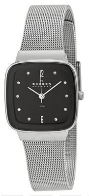 Skagen Glitz 658SSB Womens Slim Wristwatch Black Dial/Stainless Mesh Bracelet 