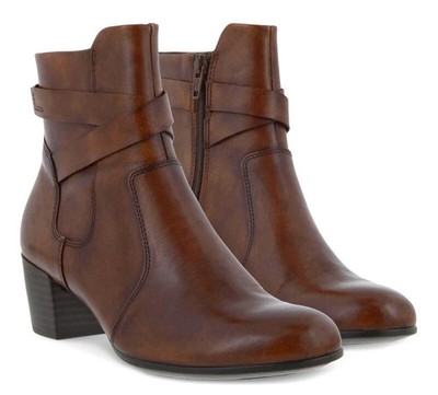 ECCO Shape M35 Ankle Boots Sz 38 US 7-7.5 Cognac Leather Block Heel Side Zip
