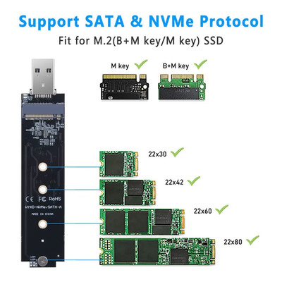 M.2 SSD to USB 3.1 Adapter NVMe SATA External Enclosure 10Gbps Type-A