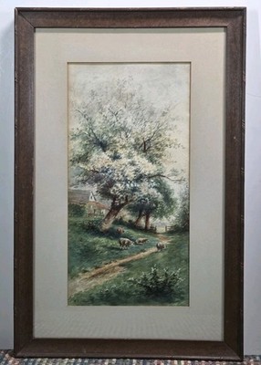 Vintage Watercolor Painting M.L Dougherty ''19x13 Original Pastoral, Sheep Scene