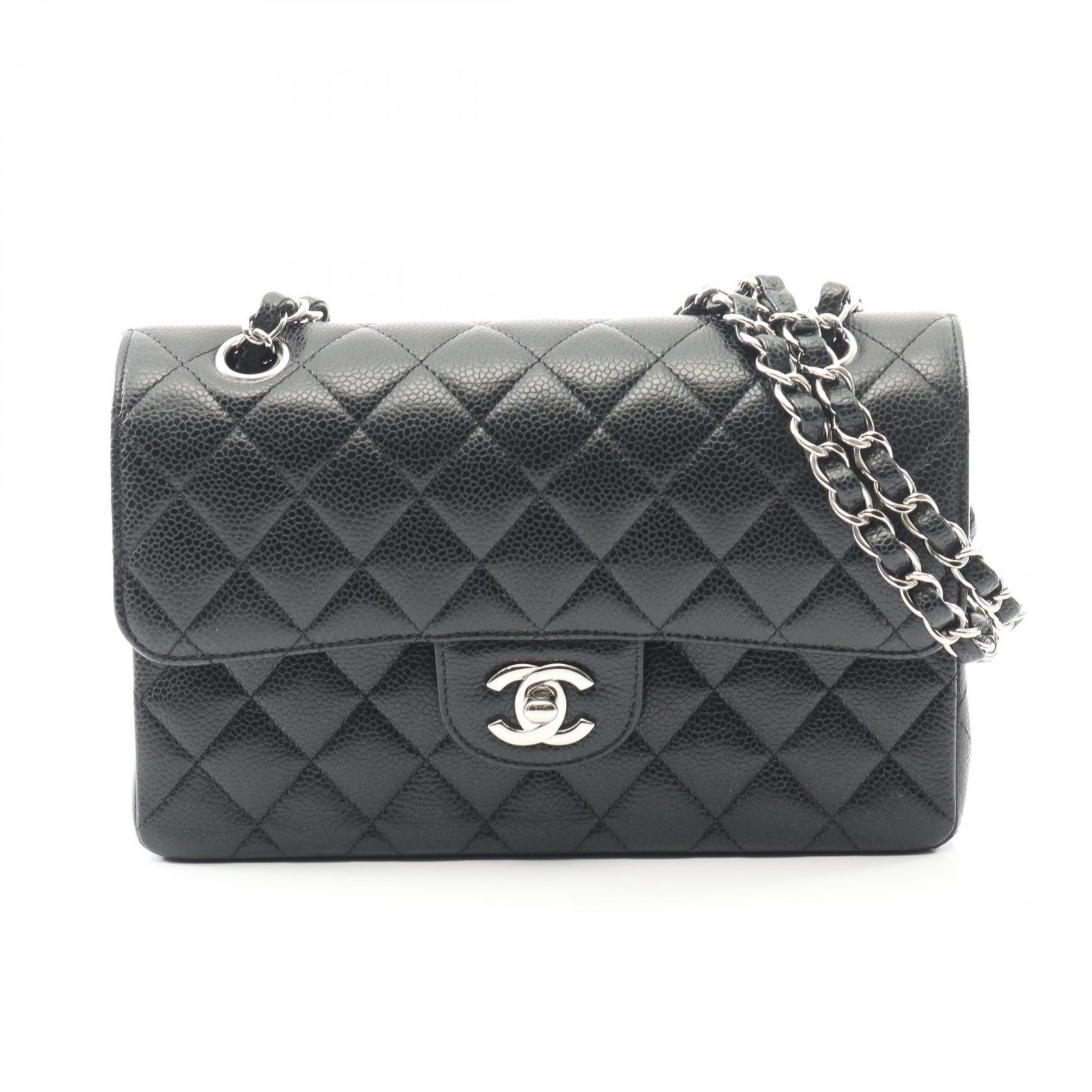 CHANEL Matelasse W flap chain Shoulder Bag A01113 Calf leather Black Used SHW CC