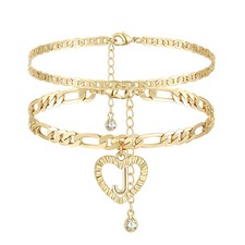 Initial Ankle Bracelets for Women 14K Gold Plated Layered Figaro Chain Letter...