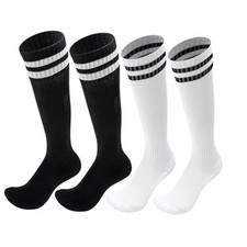 2Pairs Soccer Socks for Kids Solid Striped Knee High Tube Black White