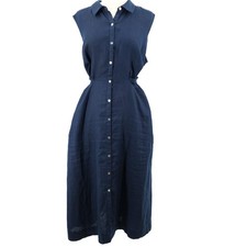 J Jill Love Linen Dress Womens XL Blue Button Front Collared Tie Back Midi Shift