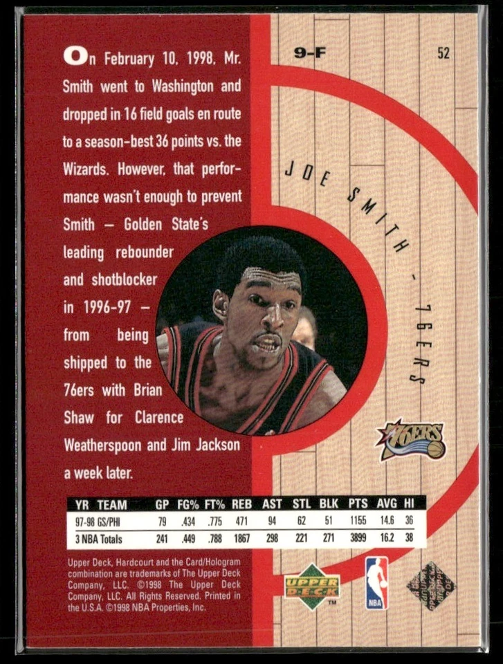 1998-99 UPPER DECK HARDCOURT JOE SMITH PHILADELPHIA 76ERS #52 - Image 2 of 3