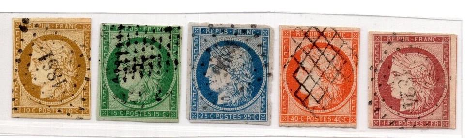 FRANCE 1849-50 FIRST ISSUES TO 1 FRANC SCOTT #1, 2, 6, 7, 9 LIGHT CANCELS - Image 3 of 4