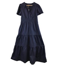 New Quince Navy Blue Tiered Midi Dress Smocked Waist Short Puff Sleeve V Neck M