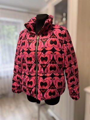 Escada Sport Luxury Puffer Jacket Size 42 L Goose Down Pink Heart Print Coat