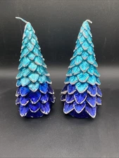 Handmade Frosted Pine Tree Candle Ombré Blue Made In Italy Set Of (2)