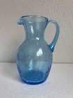 Vintage Blue Crackle Glass Pitcher Applied Handle 6" Tall