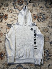 Carhartt Hoodie Sweatshirt Youth Large Gray Relaxed Fit Logo Sleeve Pullover