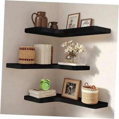 Floating Corner Shelves Set of 3, Solid Wood Picture Wall Shelf, Floating Black