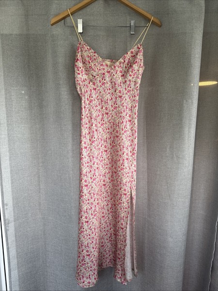 Blossom Floral Slip Dress. Midi. Satin. Sz 8z Front Split