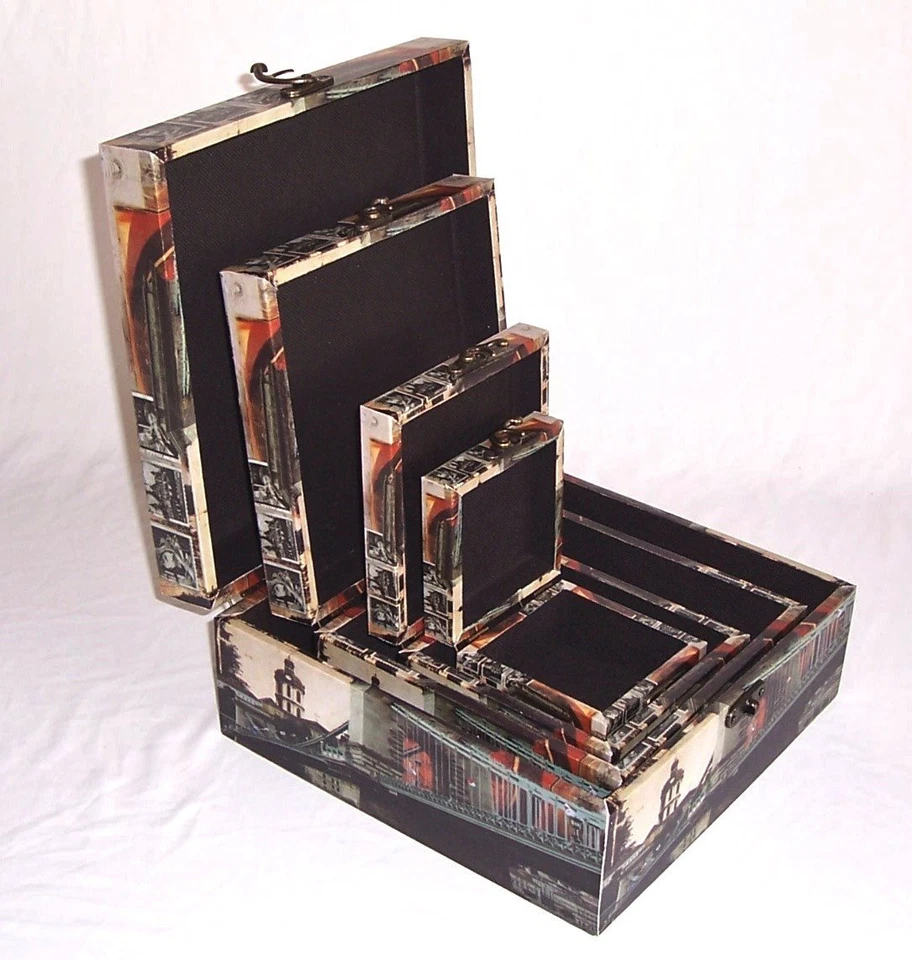 489 Holz Box 4er Set Leinenoptik Schatzkiste Stamp Budapest Städtedesign - Bild 4 von 4