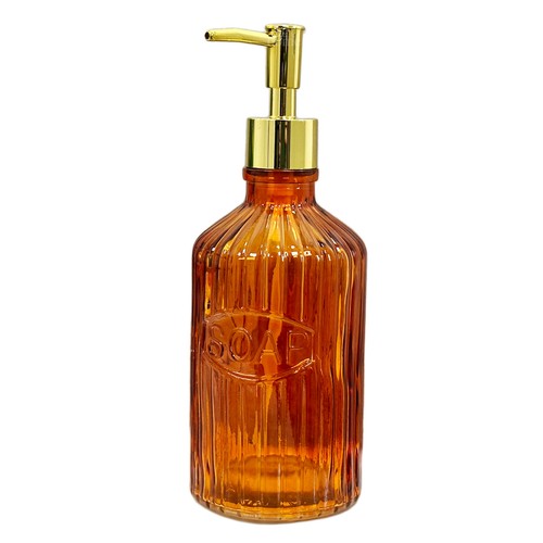 Orange Soap Dispenser 500ml Eclectic Ribbed Glass Gold Pump Bathroom Accessory - Picture 5 of 6