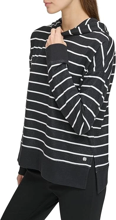 Женская модная толстовка с капюшоном Andrew Marc с длинным рукавом, черная/белая полоса, размер средний - Изображение 2 из 3