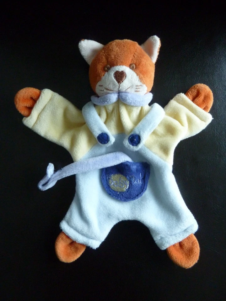 12. DOUDOU PLAT BABY NAT RENARD CHAT BLEU MARRON JAUNE AT. TETINE SCRATCH TBE - Photo 1/1