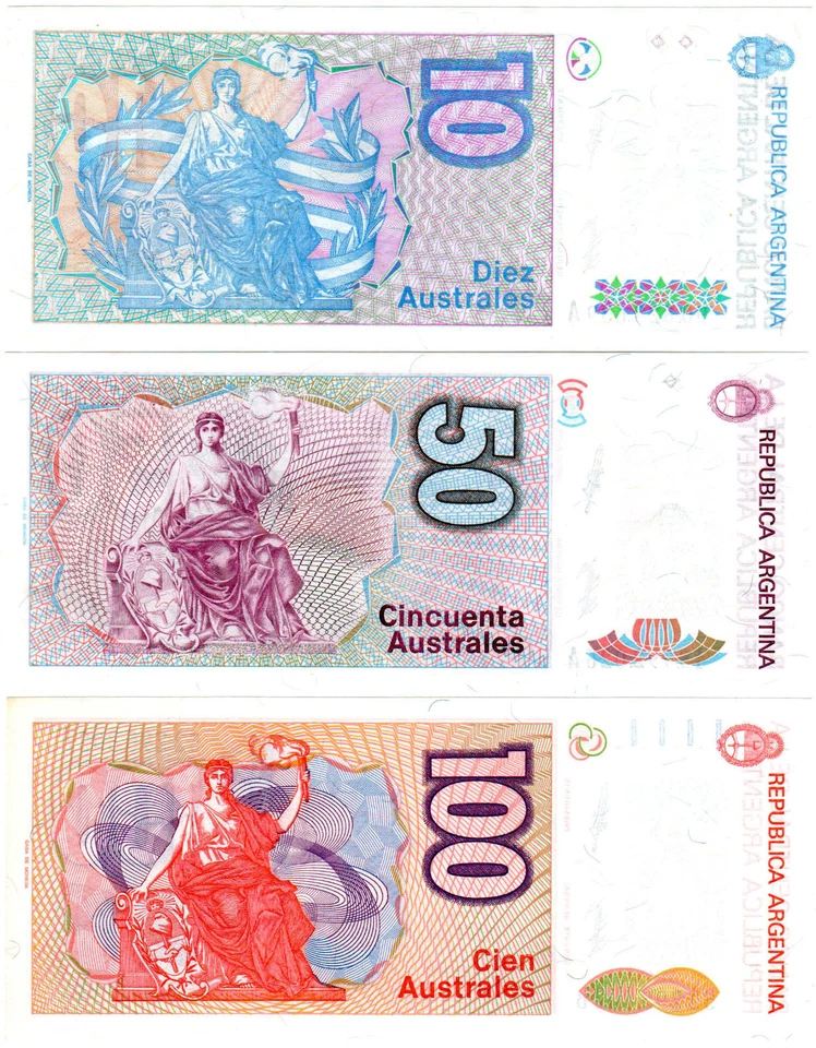 Argentina 10/50/100 Australes P#325b 326b & 327b (1985-91) 3 Banknote Set UNC - Image 2 of 2