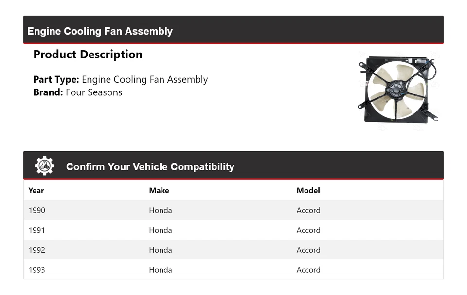Conjunto de ventilador de refrigeración del motor Honda Accord 1990-1993 4 estaciones 1991 1992 Foto 2 de 4