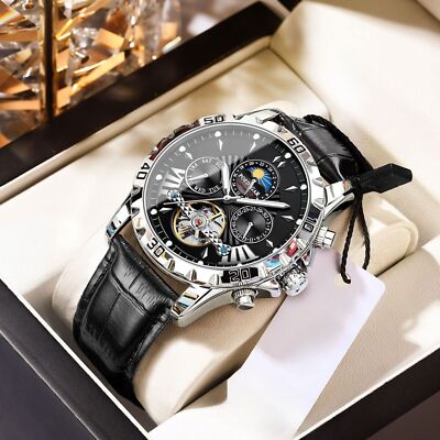 Herren Automatische Mechanische Leder Uhren Wasserdicht Leuchtend Datum Armbanduhr UK
