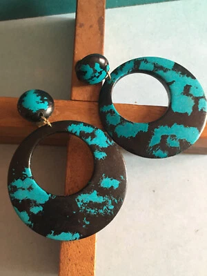 Retro Paire de Boucles d'Oreilles Vintage Clips Gros Anneaux Noirs et Bleus - Photo 1/4
