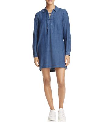 Soft Joie Katiana Denim Chambray Lace Up Neckline Long Sleeve Shift Dress  Size S | eBay