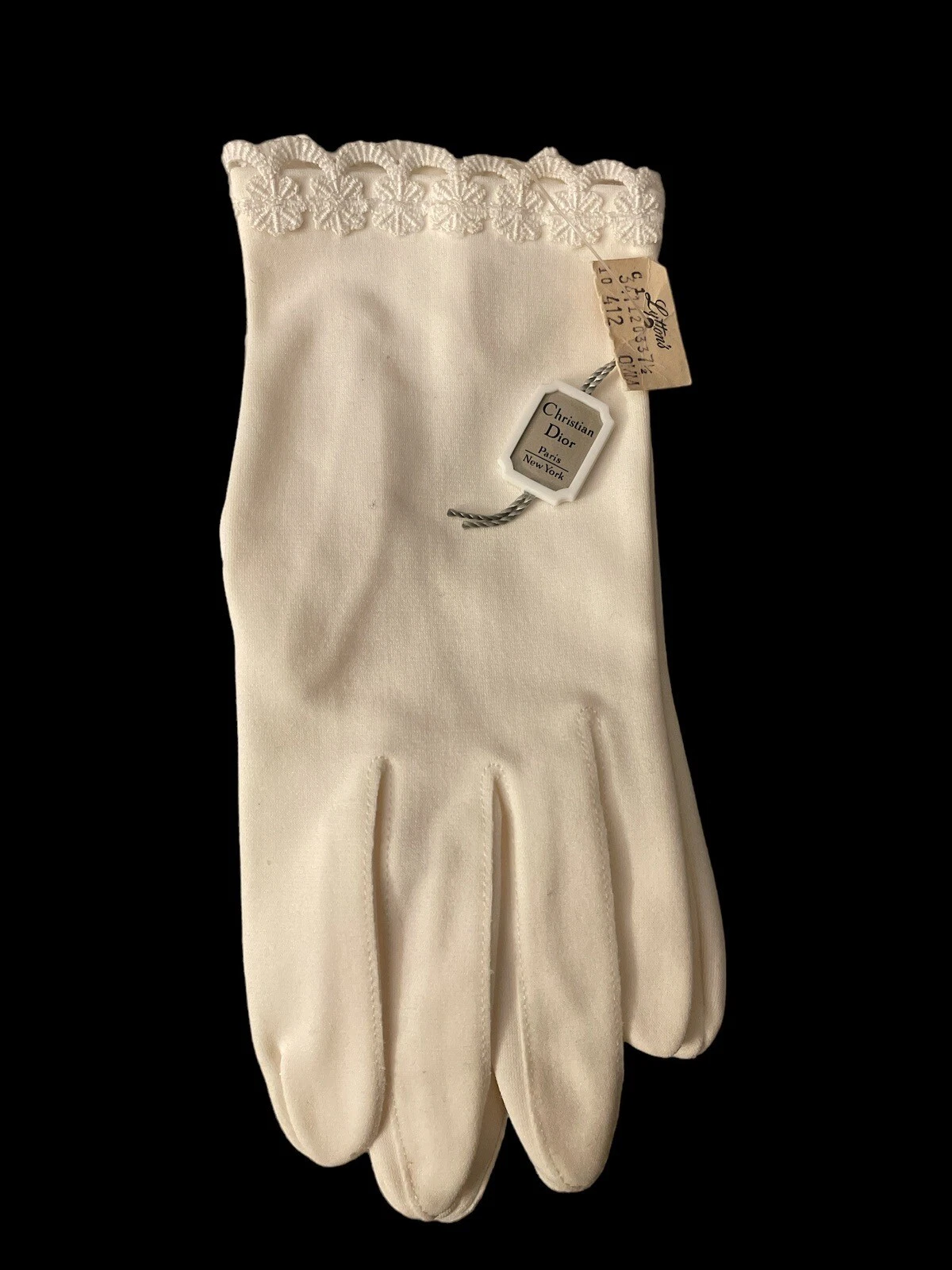 Gants blancs Christian Dior années 1950 neufs avec étiquettes taille 7 1/2 de Lyttons