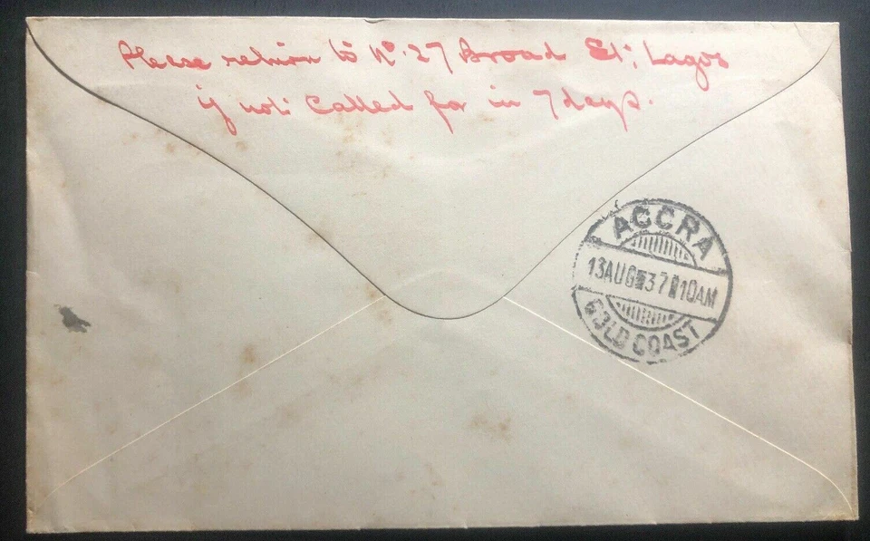 1937 Lagos Nigeria Primera cubierta de vuelo experimental FFC a Accra Gold Coast Foto 3 de 3
