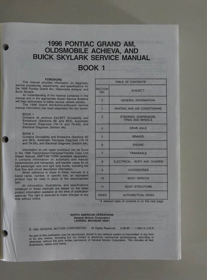 Manual De Taller Pontiac Grand Am / Oldsmobile Achieva / Buick Skylark De 1996 - Imagen 2 de 4