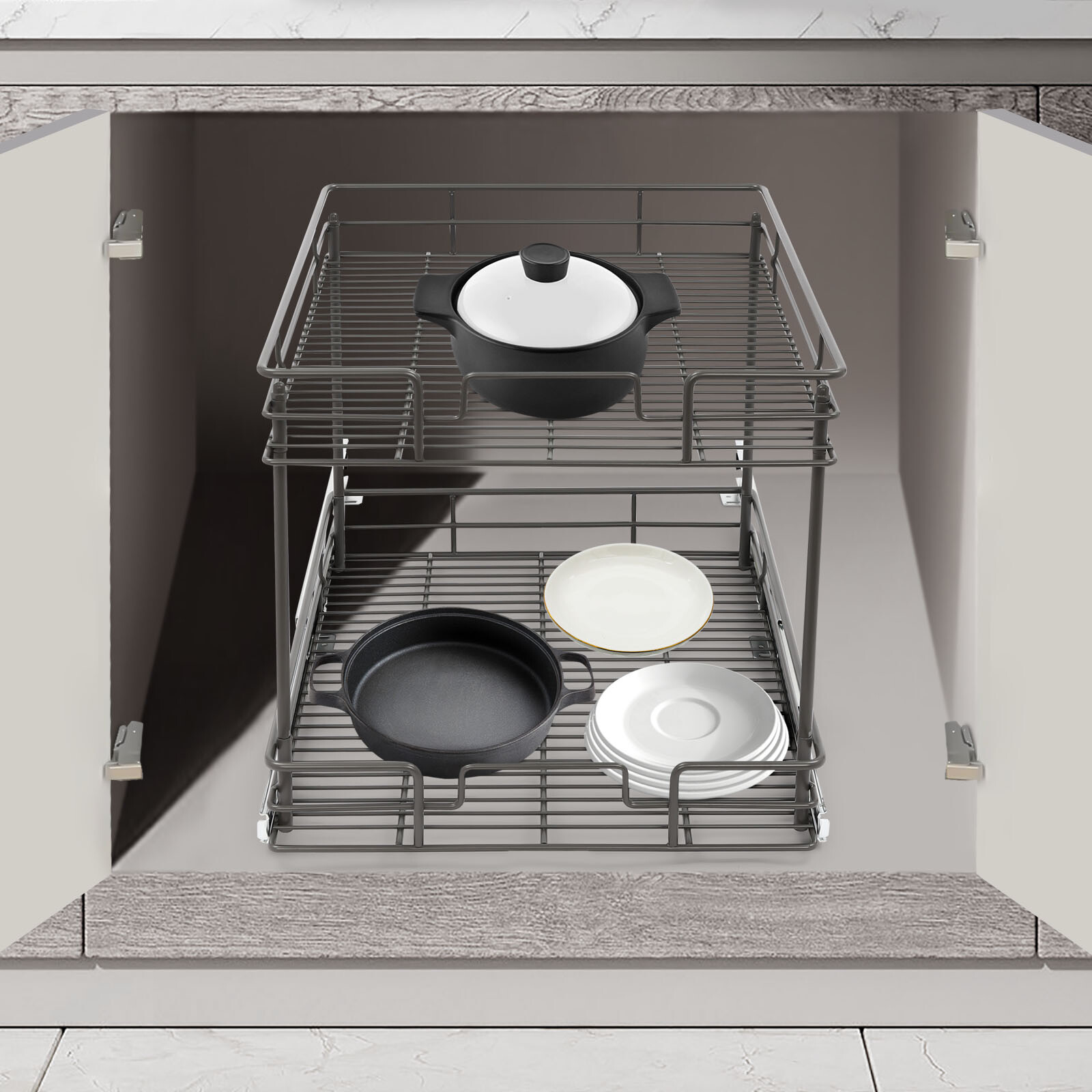 2-Tier Slide Out Kitchen Cabinet Organizer 16.5 Inch Wide Shelf Drawer