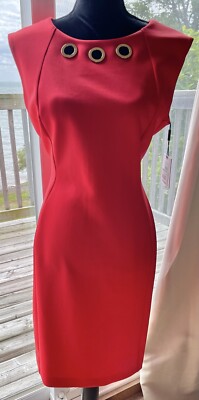 Calvin Klein Fire Red Front Gold Circle Cap Sleeve Rear Zip Sheath Dress 12  NWT | eBay