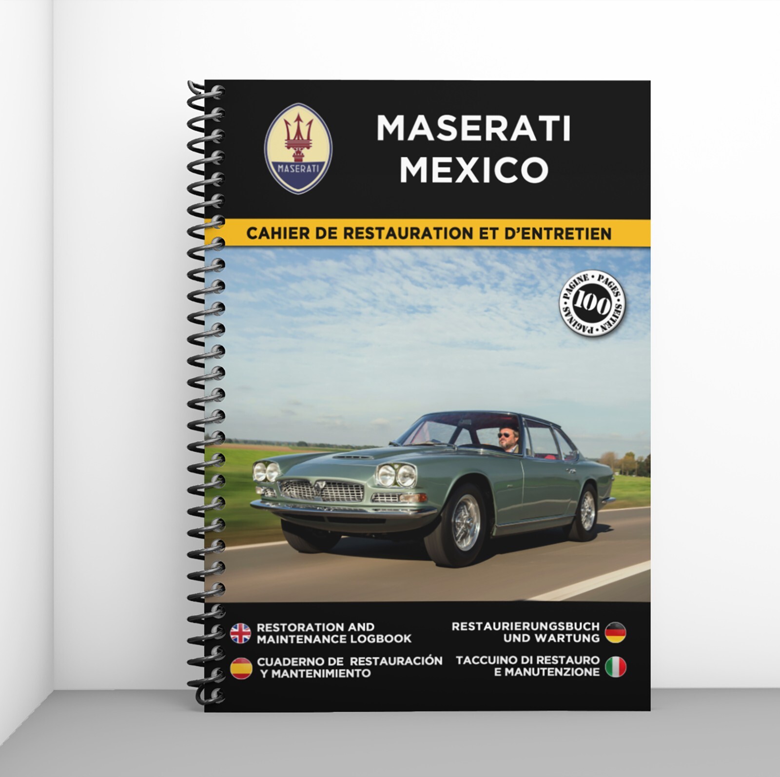 Maserati Mexico cahier de restauration haut de gamme sous couverture rigide en similicuir noir