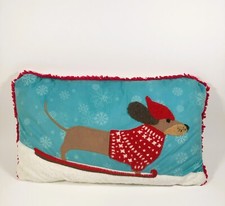 Christmas Dachshund on Sled Dog Throw Pillow Red Fringe 24" x 14" Rectangle