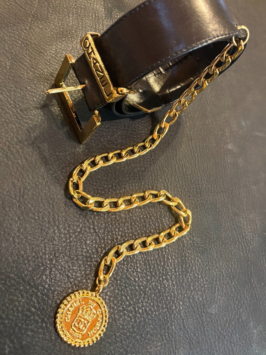 CHANEL BELT AUTH Gold Black Leather kenkenjp CC Medal Coin