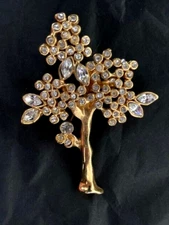 Vintage Tree of Life pin brooch gold-tone with rhinestones unsigned 2"