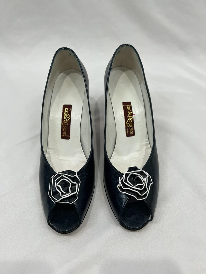 Vtg 80’s Jack Rogers Women's Size 8 S Navy Leather Peep Toe Heels Rosette Flower - Image 2 of 4