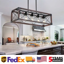 32'' 5 Light Farmhouse Pendant Red Wood Rectangle Chandelier Glass Shade Fixture