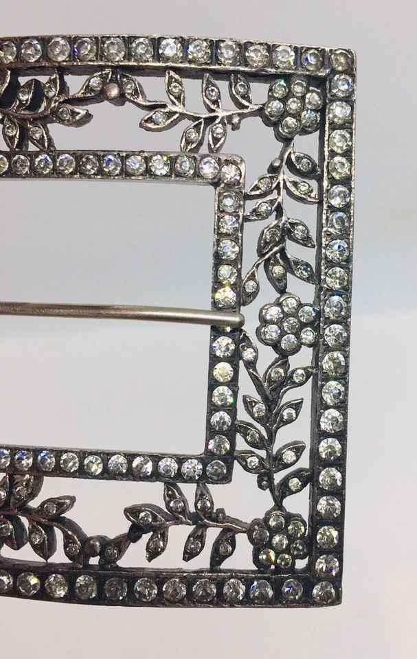 Antique Victorien Pâte Strass Transparent Plaqué Argent Floral L Boucle Ceinture - Photo 3/4