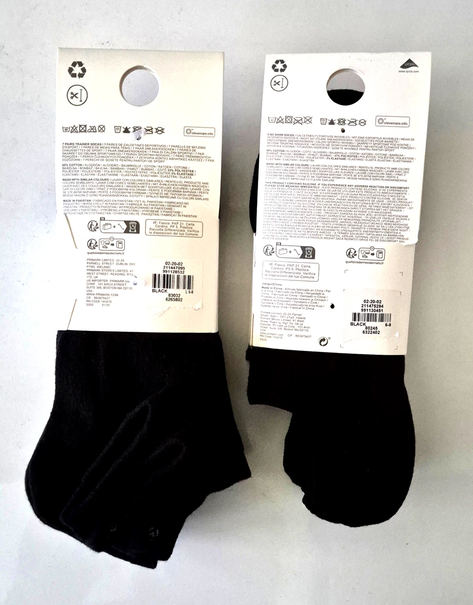 Calcetines Primark 7 Pares Entrenador Y 5 Pares Corte Bajo Forro Negro Talla 6 a 8 Reino Unido Nuevos