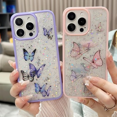 For iPhone 16 Pro Max Plus 15 14 13 12 11 Butterfly Cute Glitter Shiny Slim Case