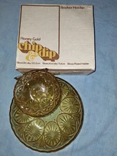 Vintage Anchor Hocking Honey Gold Chip and Dip Set with Brass Holder USA MCM