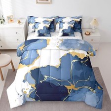 Blue Marbling Queen Comforter Set 7 Pieces Watercolor Queen 7-Piece Navy