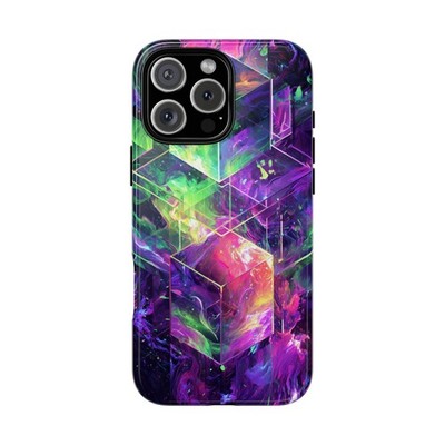 For iPhone / Galaxy / Pixel | Phone Ink Case - Cubes Green Purple Liquid