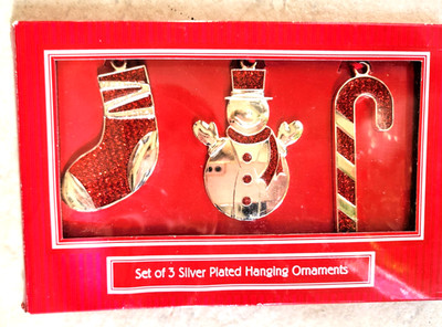 Silver Plated Hanging Ornaments', Set of 3, Red, Silver --Sparkles in Light